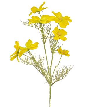 The Artificial Flower Cosmos 74 cm yellow has bright yellow flowers and delicate, feathery green leaves on slender stems - perfect for creating a bouquet against a plain white background.