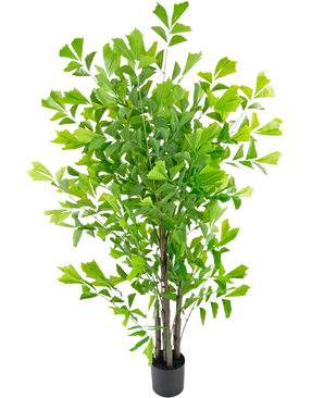 The Artificial Fishtail Palm 180 cm is a tall artificial tree with multiple slender brown trunks and dense, bright green leaves, in a small black pot against a white background.