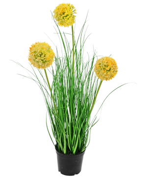 The Artificial Grass Plant Onion 50 cm fire retardant has long, thin green leaves and three round yellow fluffy flowers on tall stems, which add green garden charm against a plain white background.