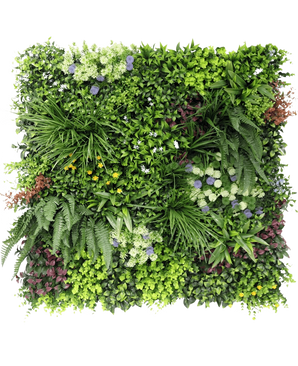 The Artificial Hedge Vibrant 100x100 cm UV has a lush vertical garden with dense green plants, ferns and small white, purple and yellow flowers in a square pattern against a white background.
