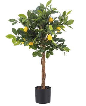 The Artificial Lemon Tree 75 cm is a small artificial lemon tree with a brown trunk, green leaves and several yellow fake lemons against a plain white background.