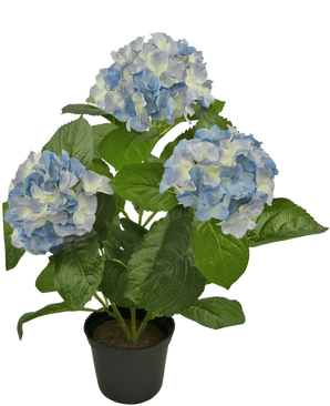 The Artificial Hydrangea Blue UV 35 cm has three large clusters of light blue and white flowers with lush green leaves, arranged in a pot against a plain white background.