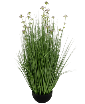 The Artificial Grass Leek Flower Onion Grass Pot 100cm fire retardant has a black pot with high, thin green artificial leaves and small purple flowers on long stems, against a white background.