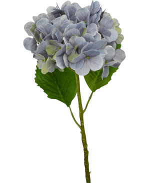 A single Artificial Hydrangea Deluxe 57 cm lilac stem with light purple petals and two large green leaves, isolated on a white background.