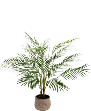 The Artificial Palm Chamaedorea 83 cm has long, slender green leaves and multiple stems in a light brown, textured pot, against a plain white background.