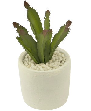 The Artificial Succulent Plant 20 cm is a green spiky succulent with reddish tips in a white ceramic pot filled with white pebbles, depicted against a plain white background.