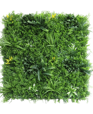 The Artificial Hedge Moment 100x100 cm UV is a square panel densely covered with artificial green plants, ferns, petioles and scattered small yellow flowers on a white background.