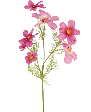 A single Artificial Flower Cosmos 74 cm fuchsia with delicate, feathery leaves and multiple fuchsia flowers with yellow centers is shown against a plain white background.