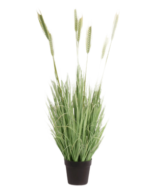 The Artificial Grass Plant Green 130 cm fire retardant has long, slender green leaves and long, wheat-like stems in a small black pot, against a white background.