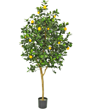 The Artificial Lemon Tree 150 cm has a brown trunk, green leaves and several yellow lemons in a pot against a plain white background.