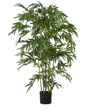 The Artificial Bamboo Plant 180 cm fire retardant is a tall artificial bamboo with slender green leaves and several thin stems in a small black pot, depicted against a plain white background.