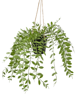 The artificial hanging plant Pumila in a 30 cm pot has green tendrils with oval leaves, hanging from three strings against a plain white background.