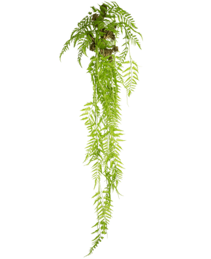The Artificial hanging plant Fern Deluxe 150 cm has long, green leaves that fall down, against a plain white background.