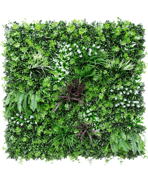 The Artificial Hedge Sillage 100x100 cm UV is a square wall panel with dense artificial greenery, with various ferns and foliage plants for a lush, lively vertical garden effect.