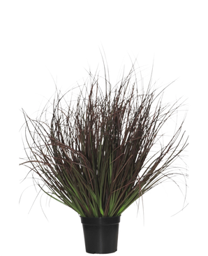 The Artificial Grass Plant Lawn 50 cm fire retardant comes in a black plastic pot, with spiky ornamental grass with long, thin, dark purple and green leaves - perfect for interior decoration - on a white background.