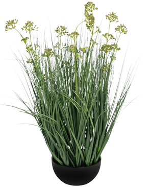 The Artificial Grass Leek Flower Onion Grass Pot 60cm fire retardant has long, thin green leaves and long stems with yellow-green flower clusters in a black pot, depicted on a white background.