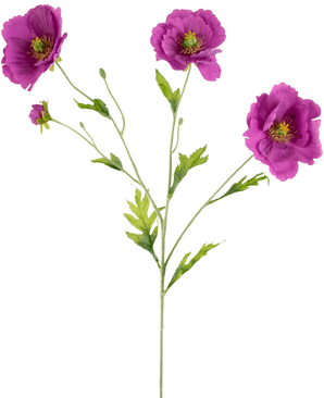 The Artificial Poppy Real Touch Purple 65cm has a single green stem with three blooming purple flowers and several buds, each flower with a yellow center and delicate green leaves, all against a plain white background.