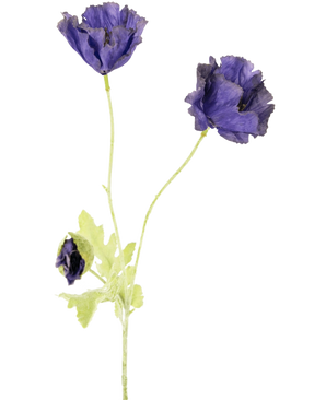 The Artificial Flower Poppy 73 cm has three delicate purple flowers - two open, one partially closed - with light green stems and leaves, against a plain white background.