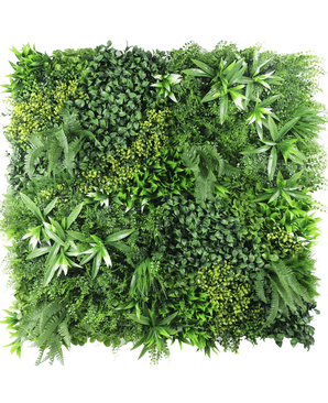 The Artificial Hedge Freshness 100x100 cm UV is a square panel densely covered with various green leaves, with different leaf shapes and textures to create a lush, vibrant vertical garden against a white background.