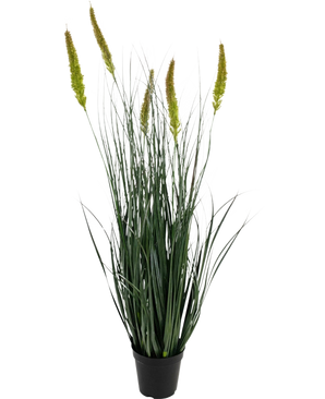 The Artificial Grass Cattail Onion Grass Pot 90cm Fire Retardant is a potted artificial grass plant with long, slender green leaves and multiple tall, yellow-green seed heads on a plain white background.