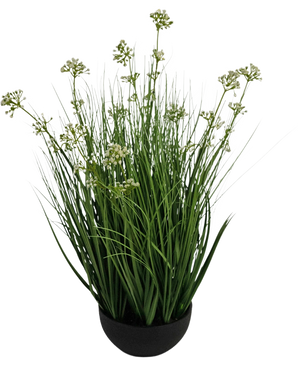 The Artificial Grass Leek Flower Onion Grass Pot 60cm fire retardant has high, thin grass-like green leaves with small white flower clusters in a black pot, against a white background.
