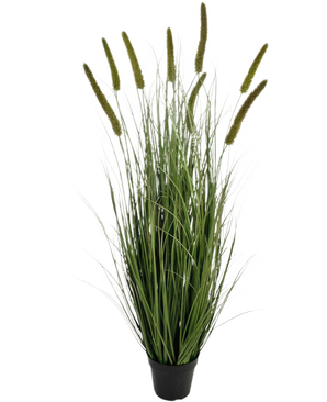 The Artificial Grass Cattail Onion Grass Pot 120cm fire retardant is an ornamental grass in a pot with long, thin green blades and multiple high, upright seed heads, against a plain white background.