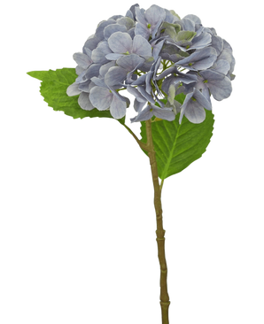 The Artificial Hydrangea Deluxe 55 cm purple has a single light purple stem with rounded petals and two green leaves, against a white background.