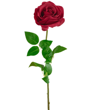 The Artificial Rose Real Touch 53 cm red is a single artificial rose with a long green stem and several leaves, isolated on a white background.