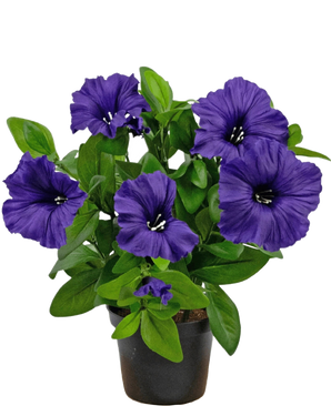 An Artificial Flower Petunia plant UV 25 cm in purple with lush green leaves, displayed in a pot against a plain white background.