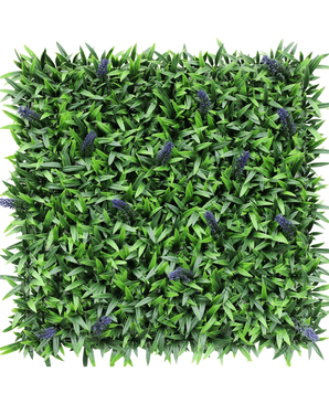 The Artificial Hedge Lavender 50x50 cm UV is a square artificial green leaf panel with small bunches of purple lavender flowers, depicted from above on a white background.