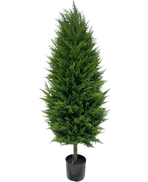The Artificial Plant Conifer deluxe UV 120 cm has dense, bright green leaves and stands upright in a black plastic container, perfect for any artificial plant garden. Includes UV protection for lasting beauty against a plain white background.