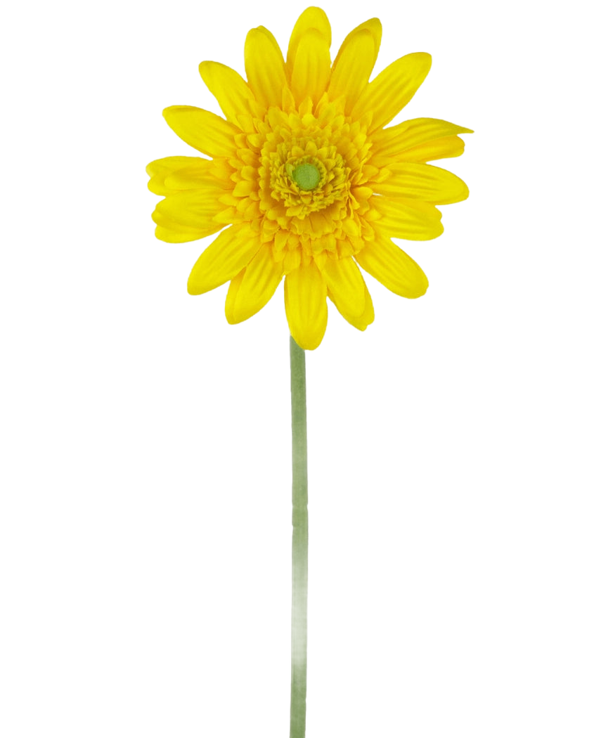 The Artificial Flower Gerbera 53 cm yellow is a single yellow artificial daisy with a green heart and a long green stem, against a plain white background.