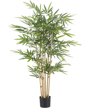 The Artificial Bamboo Plant 150 cm fire retardant has high, light brown stems and lush green leaves. It provides lasting beauty and added fire safety to any indoor space, shown here against a plain white background.