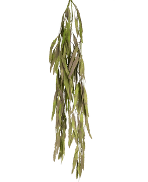The Artificial hanging plant Aloe Vera 102 cm has long, narrow green leaves with serrated edges that fall down against a plain white background.