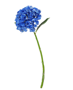 The Artificial Flower Charlotte Hydrangea Real Touch dark blue is a single blue artificial hydrangea with green stem and leaves, 55 cm high, isolated on a white background.