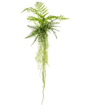 The Artificial hanging plant Fern 90 cm has lush green fern leaves with long, trailing stems that hang down against a plain white background.
