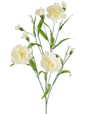 The Artificial flower Carnation bunch 70 cm white has a stem with several white carnation flowers and green leaves against a plain white background.