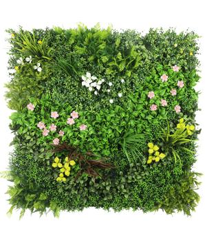 The Artificial Hedge Vitality 100x100 cm UV is a square panel with dense green artificial foliage and scattered bunches of small pink, yellow and white flowers against a white background.