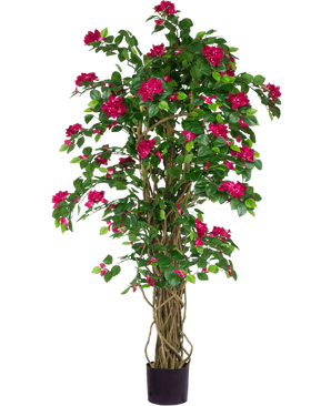 The Artificial Bougainvillea Liana Fuchsia 115 cm features lush green leaves and vibrant fuchsia flowers on intertwining stems in a black planter, adding a Mediterranean vibe to any space against a white background.