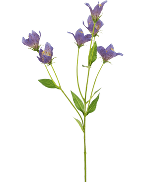 The Artificial Flower Harebell 62 cm purple has a single green stem with multiple branches, each decorated with delicate purple flowers and green leaves, against a plain white background.