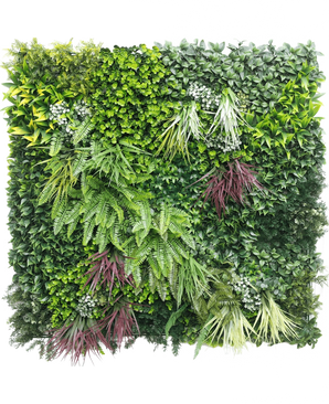 The Artificial Hedge Paradise 100x100 cm UV is a vertical garden wall with dense green and purple foliage, including ferns and leafy plants, arranged in a square against a white background.
