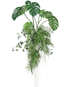 The Artificial Hanging Plant Monstera/Fern Ball 100 cm XL features lush green monstera leaves and ferns with long, trailing tendrils and roots, perfect for adding greenery to any space against a white background.