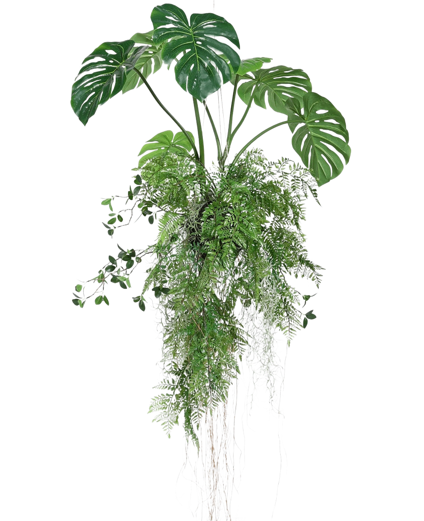 The Artificial Hanging Plant Monstera/Fern Ball 100 cm XL features lush green monstera leaves and ferns with long, trailing tendrils and roots, perfect for adding greenery to any space against a white background.
