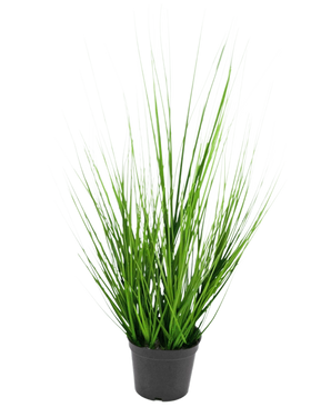 The Artificial Grass Plant Onion 48 cm fire retardant is a small black plastic pot with long, thin, vibrant green grass-like leaves against a plain white background.