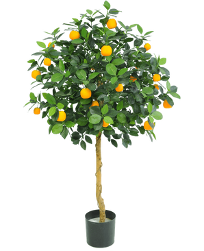 The Artificial Orange Tree 120 cm from Easyplants has lush green leaves and lots of bright orange fruits, displayed in a pot against a plain white background.