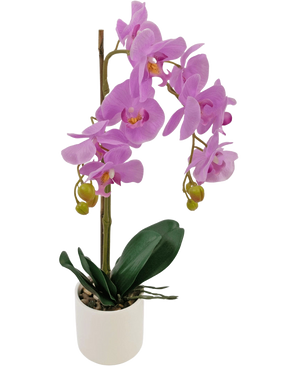The Artificial Orchid 52 cm lilac in white pot has vibrant lilac flowers, green buds and wide dark green leaves, arranged in a stylish white pot against a plain white background.