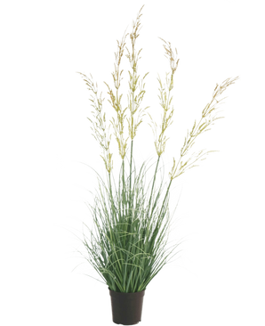 The Artificial Grass Plant Wheat 90 cm fire retardant, with its slender green leaves and long yellowish flower spikes, stands out beautifully against a white background - ideal among artificial plants for the home and garden.