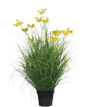 The Artificial Grass Plant Asteraceae 90 cm fire retardant has long, slender grass-like leaves and bunches of small, bright yellow flowers on long stems, against a plain white background.