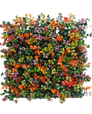 The Artificial Hedge Pachysandra multi-color 50x50 cm UV is a square panel with dense artificial green leaves and small orange, pink, yellow and purple flowers for a colourful, lively vertical garden effect.