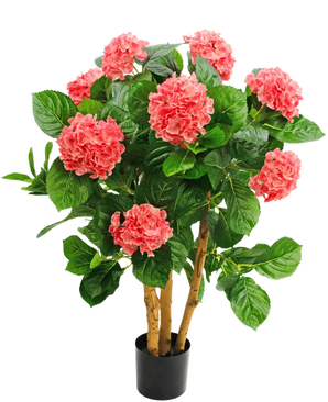The Artificial Hydrangea UV 85 cm pink has multiple stems, wide green leaves and pink hydrangea flowers in a black pot, which provides a lively contrast and a lifelike appearance.